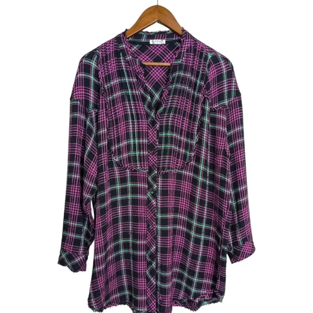 Free People Plaid About You Sleep Flannel Top XS Oversized Button Pink Black
